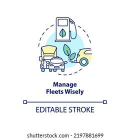 Manage fleets wisely concept icon. Becoming zero waste brand abstract idea thin line illustration. Eco-friendly cars. Isolated outline drawing. Editable stroke. Arial, Myriad Pro-Bold fonts used