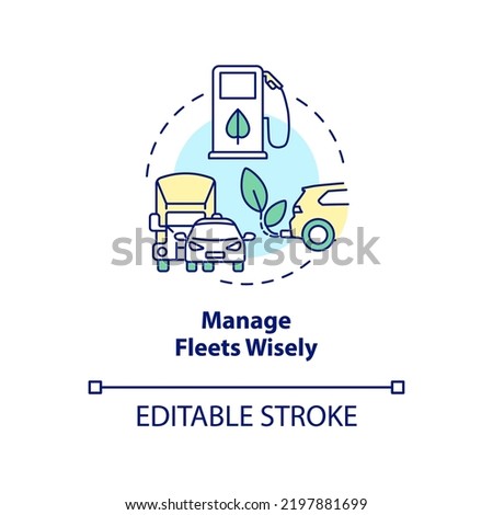 Manage fleets wisely concept icon. Becoming zero waste brand abstract idea thin line illustration. Eco-friendly cars. Isolated outline drawing. Editable stroke. Arial, Myriad Pro-Bold fonts used