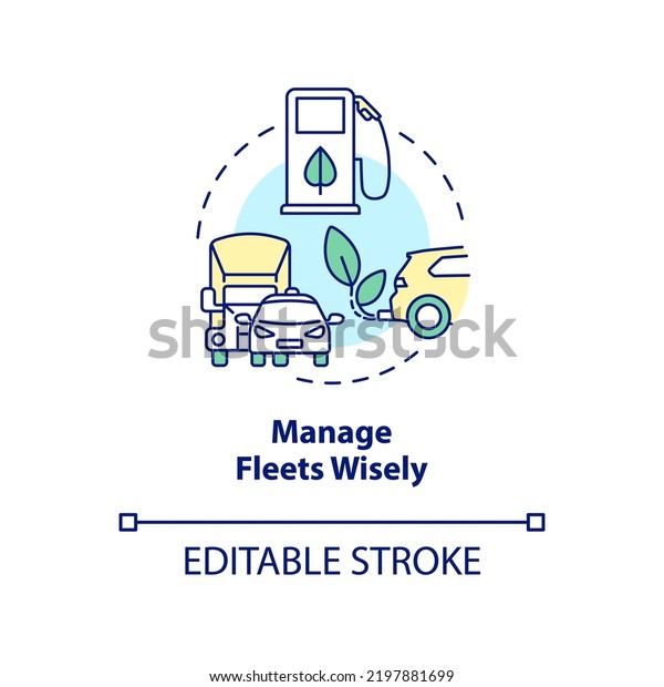 Manage fleets wisely concept icon. Becoming zero\
waste brand abstract idea thin line illustration. Eco-friendly\
cars. Isolated outline drawing. Editable stroke. Arial, Myriad\
Pro-Bold fonts used