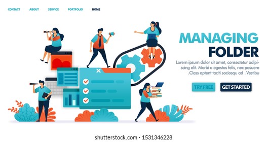 Manage folder, file, data and document for jobs needs. Arrange paperwork for reports and administration. check folder with tick checklist. flat human vector illustration for website, mobile and poster