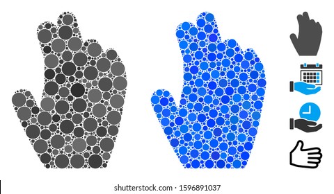 Manage hand mosaic of filled circles in various sizes and shades, based on manage hand icon. Vector filled circles are organized into blue mosaic. Dotted manage hand icon in usual and blue versions.