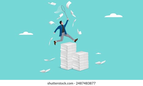 manage heavy workload or paper work with professional businessman catches flying paperwork using a butterfly net to complete tasks, work efficiency and productivity, skill to overcome exhausted
