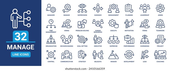 Administrar conjunto de iconos. Consta de gestión, proyecto, supervisión, liderazgo, administración, trabajo en equipo, planificación, gerencia y más. Colección de iconos de vector de contorno.