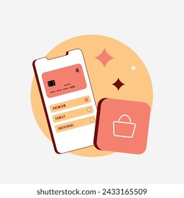 Gestionar compras en la aplicación - IAP. Transacciones digitales, suscripciones auto-renovables y pagos automáticos de aplicaciones en tiendas móviles. Ilustración aislada del vector en el fondo blanco con iconos