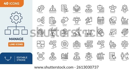 Manage line editable icon set. Containing management, project, supervision, leadership, admin, teamwork, planning, manager and more. Vector illustration