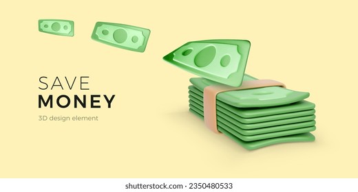 Manage money 3D concept. Green dollars fly to cash bundle. Cartoon business design element. Financial success. Vector illustration