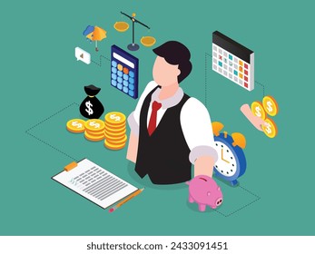 Manage money and finance analytics 3d isometric vector illustration
