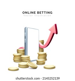 Manage money or online betting concept. 3D mobile phone or application with coin stack and arrow. Financial investment trade. Bank deposit and finance profit or investment. Vector illustration