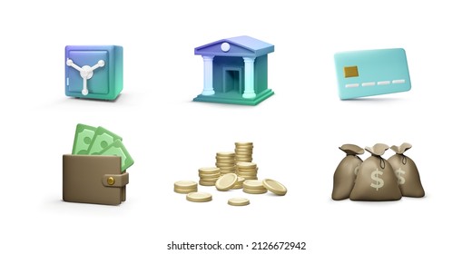 Gestionar iconos 3d realistas de dinero. Edificio de banco y bolsas con tarjeta de crédito y moneda apilan caja fuerte. Los iconos de banca o servicios bancarios en línea se establecen. Ilustración del vector