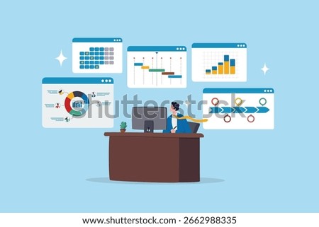 Manage multiple projects, resource planning or research, productivity software or efficiency workflow, project management concept, businessman project manager working with chart and diagram interface.