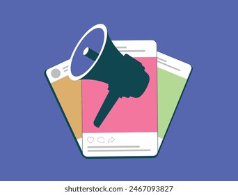 Manage Multiple Social Media Accounts concept. Multiple social media profiles for different product lines, interests or regional audiences. Flat vector illustration isolated on purple background