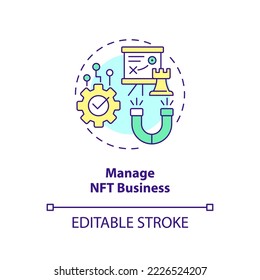 Manage NFT business concept icon. Patrons engagement. Artwork minting process abstract idea thin line illustration. Isolated outline drawing. Editable stroke. Arial, Myriad Pro-Bold fonts used