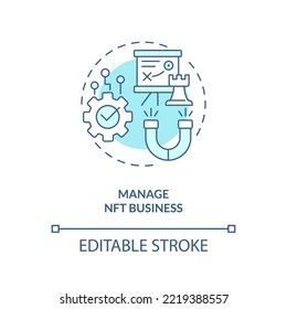 Manage NFT business turquoise concept icon. Patrons engagement. Minting process abstract idea thin line illustration. Isolated outline drawing. Editable stroke. Arial, Myriad Pro-Bold fonts used