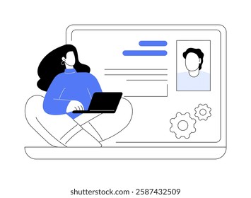 Manage online profile isolated cartoon vector illustrations. Online dating consultant helps to fill info online with laptop, create personality, professional coach service vector cartoon.