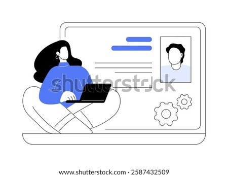 Manage online profile isolated cartoon vector illustrations. Online dating consultant helps to fill info online with laptop, create personality, professional coach service vector cartoon.