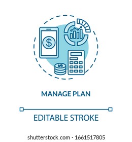 Manage plan turquoise concept icon. Internet tariff cost. Mobile banking. Check balance with phone. Roaming idea thin line illustration. Vector isolated outline RGB color drawing. Editable stroke