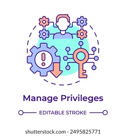 Icono de concepto de varios colores para administrar privilegios. Gestión de acceso, seguridad de datos. Clave de descifrado. Ilustración de línea de forma redonda. Abstractas idea. Diseño gráfico. Fácil de usar en infografía, presentación