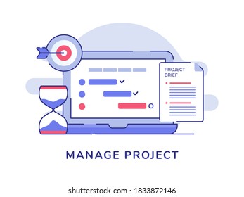 Manage project concept check list document on display laptop monitor hourglass target goal white isolated background with flat outline style