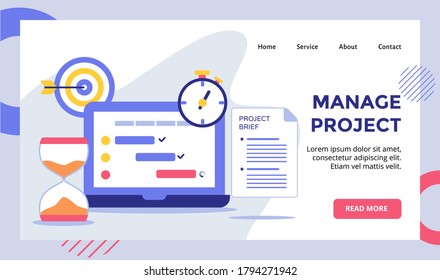 Manage project laptop background of hourglass stopwatch for web website home homepage landing page template banner with modern flat style