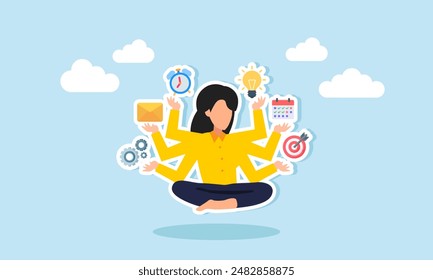 Manage projects efficiently, balance tasks, improve productivity, and handle work responsibilities effectively, concept of productive woman with multiple hands handle multitasking job