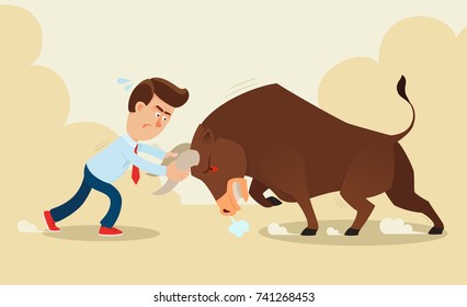 Manage the risk. Take the bull by the horns. Business vector illustration, flat, concept, design.