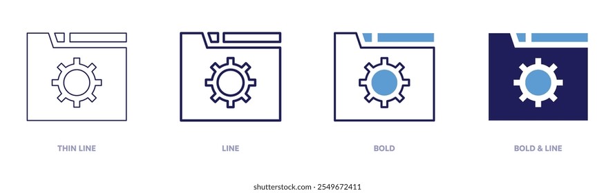 Ícone Gerenciar configurações em 4 estilos diferentes. Linha fina, Linha, Negrito e Linha Negrito. Estilo duotônico. Traçado editável.