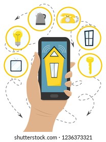 Manage smart home systems with your smartphone. Flat style. Isolated illustration.