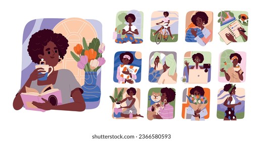 Manage stress illustration set. Woman struggles with anxiety, meditates, plays sports and care of herself. Fighting fears and psychological pressure from world news. Cartoon flat vector collection