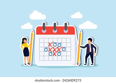 Manage tasks with calendar, track projects with timeline, plan business with reminders concept, smart businessman and woman office worker holding big pencils discussing project timeline calendar.