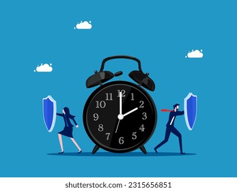 Manage time or protect it. Businessman team holding shield to protect clock vector