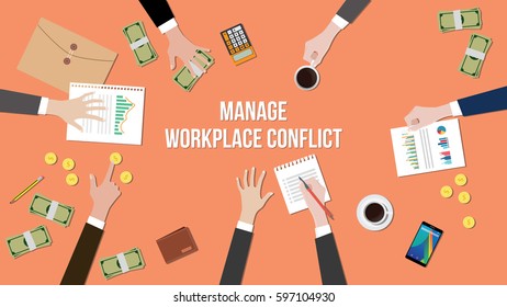 Manage Workplace Conflict In A Meeting Illustration With Money, Paperworks And Coins On Top Of Table