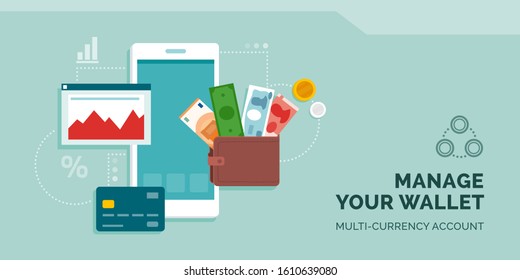 Manage your currency wallet online app: wallet with international currencies, credit card, smartphone app and financial chart