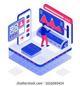 Manage your dashboard isometric vector illustration. Male manager, man administrator. Virtual accounting services user. Digital technology. Online calculating cartoon conceptual design element