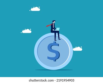 Manage your finances. Businessman sitting on a coin. business concept vector