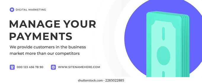 Manage your payments digital mobile banking financial application service social media banner 3d icon vector illustration. Cash money dollar currency account income balance investment wealth structure