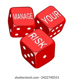 Manage your risk on three red dice isolated on white background. Risk management concept. Red colorful dice. Pop art style hand drawn color vector illustration.
