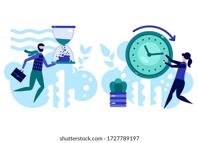 Manage your time concept. Effective planning and time management banner. Efficiency and productivity at work, businesspeople holding clocks. Work planning and time organization vector illustration.