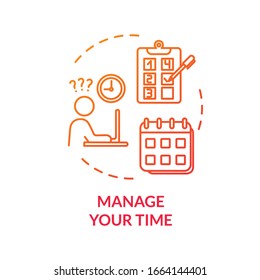 Manage your time red concept icon. Achieve goals. Demanding labor. Control project. Planning and scheduling. Avoid burnout idea thin line illustration. Vector isolated outline RGB color drawing
