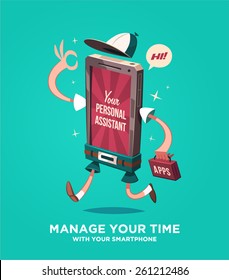 Manage your time with your smartphone. Vector illustration.