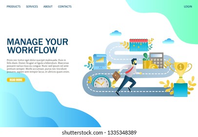 Manage your workflow vector website template, web page and landing page design for website and mobile site development. Work process management concept.