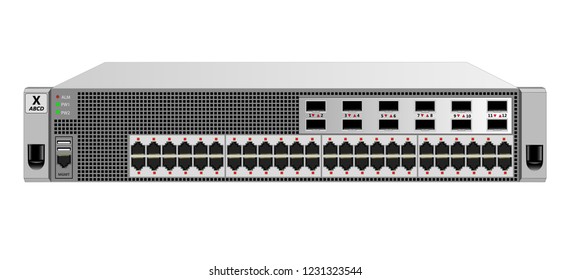 Managed 2U Ethernet switch for mounting with a 19-inch rack with 48 ethernet and 12 optical ports. Color silver, size 2u. Vector illustration. svg