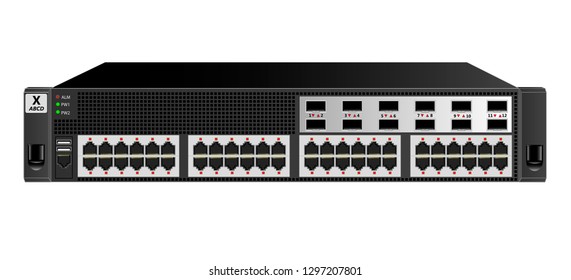 Managed 2U Ethernet switch for mounting with a 19-inch rack with 48 ethernet and 12 optical ports. Black colour, size 2u. Vector illustration. svg