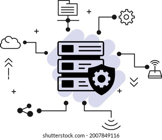 Managed Cloud Server Concept, Maintenance Free Machine with Protection Vector Icon Design, Rack Insurance Sign, Cloud computing and Internet hosting services Symbol,  Rack Machine Stock illustration