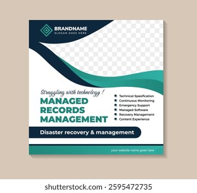 Managed Records Management, struggling with technology Social Media Post Square Banner Promotional Template. combination green and blue colors element on square layout with photo space.