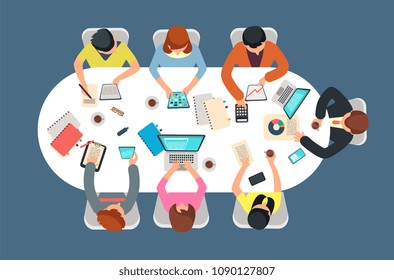 Managed team in office meeting at table top view vector illustration. Teamwork concept. Team at table office, meeting and management brainstorming