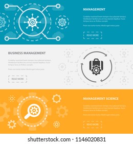 management 3 horizontal webpage banners template with management, business management, management science concept icons. Flat modern isolated icon illustration.