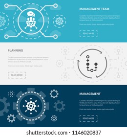 management 3 horizontal webpage banners template with management team, planning, management concept icons. Flat modern isolated icon illustration.