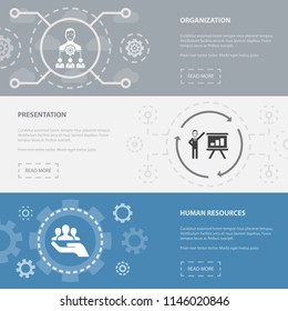 management 3 horizontal webpage banners template with organization, presentation, human resources concept icons. Flat modern isolated icon illustration.