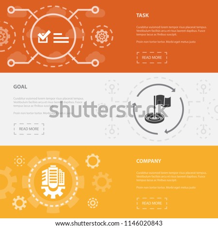 management 3 horizontal webpage banners template with task, goal, company concept icons. Flat modern isolated icon illustration.