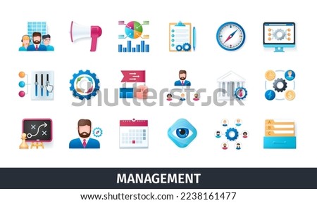 Management 3d vector icon set. Strategy, resources, roadmap, customers, project, manager, technology, business, organization, plan, employees. Realistic objects in 3D style